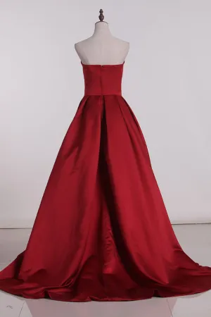 2024 Prom Dresses Sweetheart Satin Red Court Train