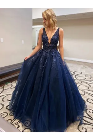 A-Line V Neck Appliques Navy Blue Prom Dresses, Navy Blue Long Evening Dresses