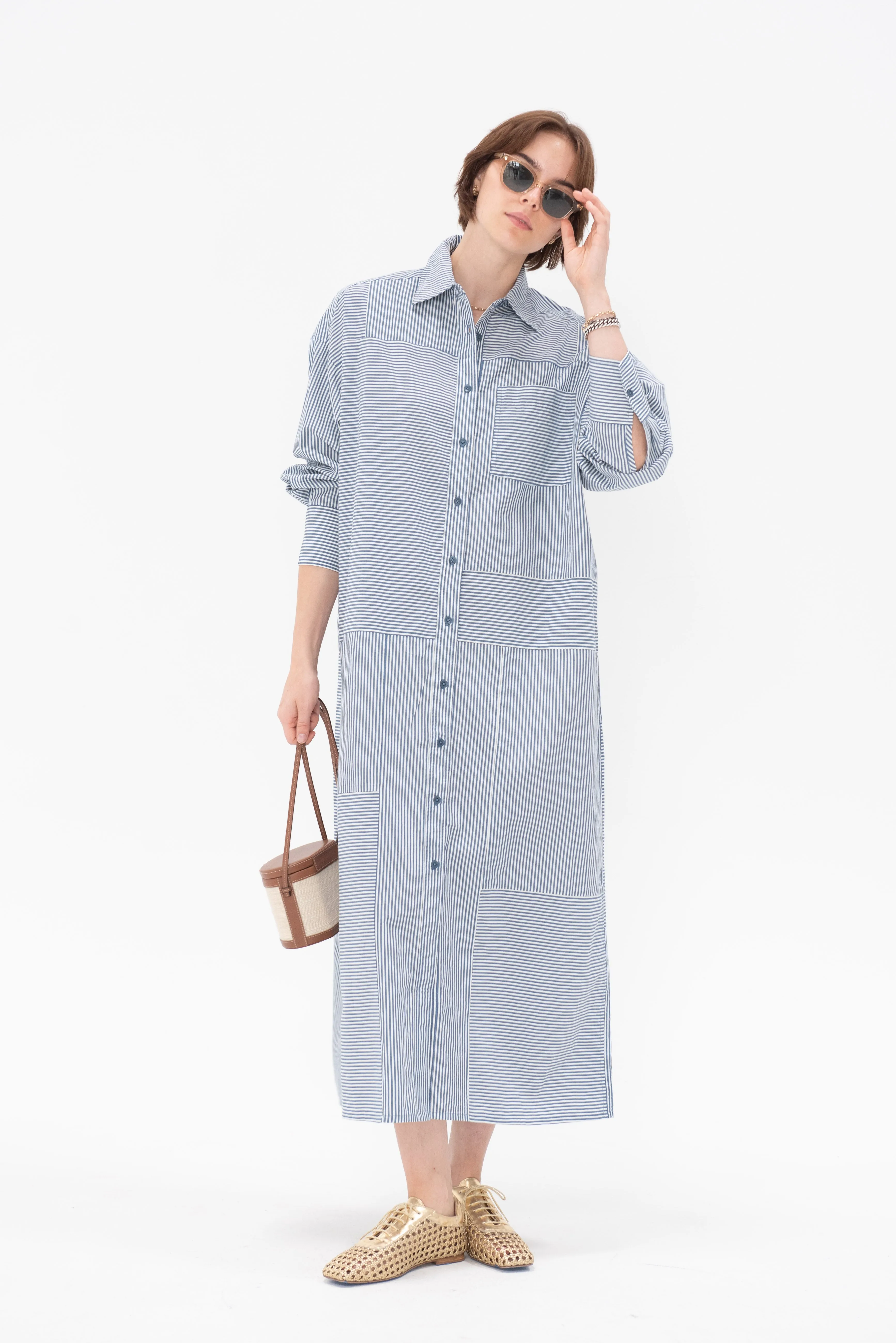 Alameda Button Down Caftan, Blue & White Stripes