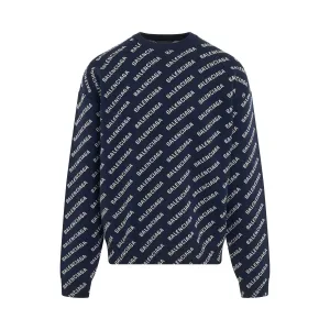 All Over Logo Knit Sweater in Navy/White