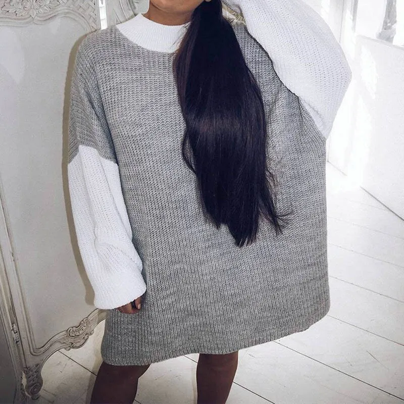 Autumn Knitted Patchwork Sweaters Women Dress Casual Lantern Sleeve Pullover Pink Female Sweater 2019 Winter Sexy Lady Jumper