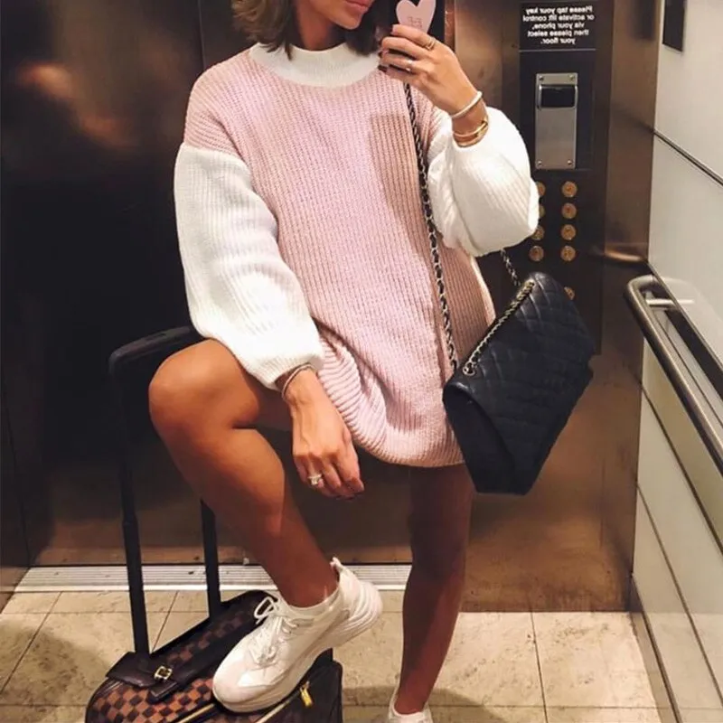 Autumn Knitted Patchwork Sweaters Women Dress Casual Lantern Sleeve Pullover Pink Female Sweater 2019 Winter Sexy Lady Jumper