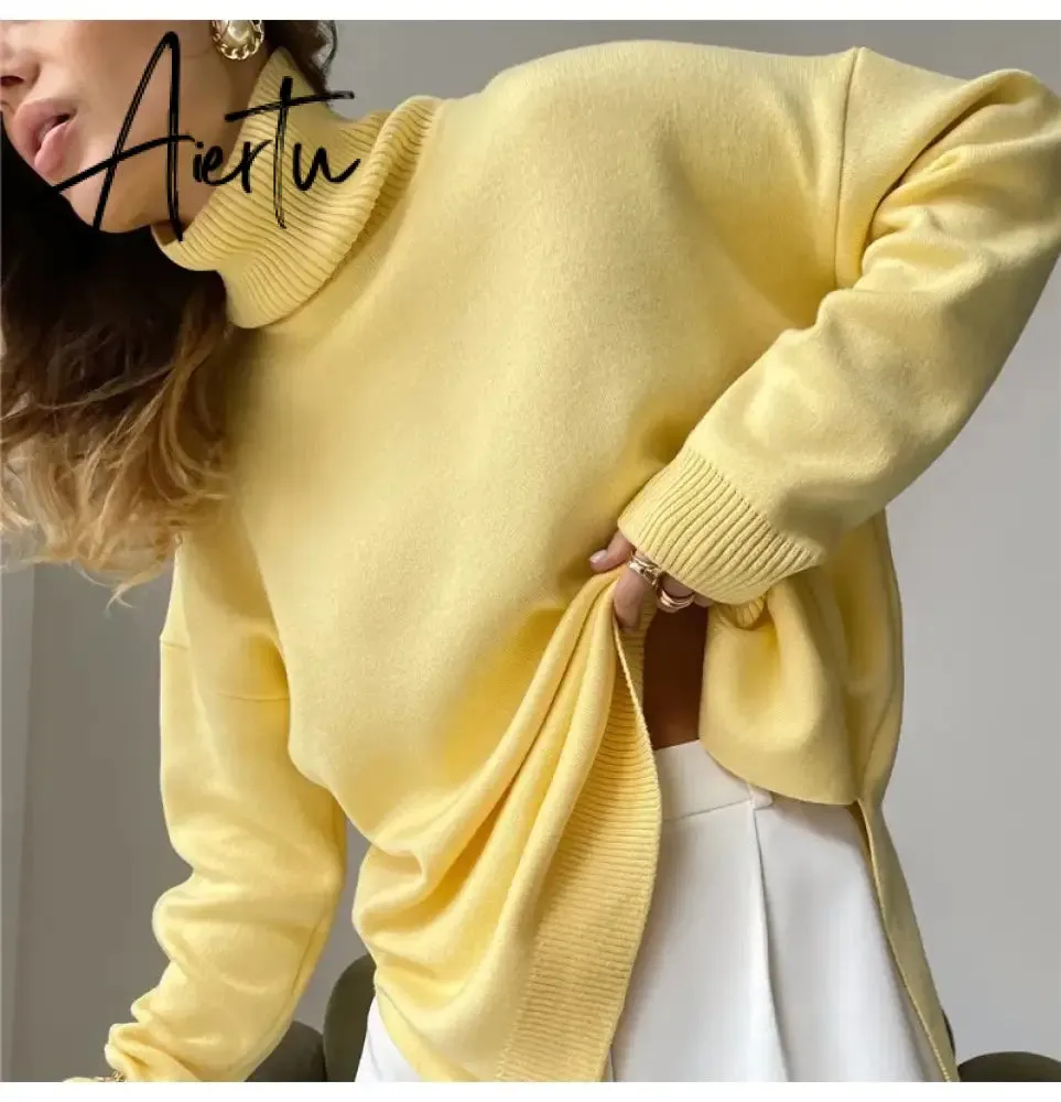 Autumn Winter Women's Sweaters Turtleneck Women Pulovers Side Split Knitted Jumpers Christmas Sweater Oversize Pull For Women