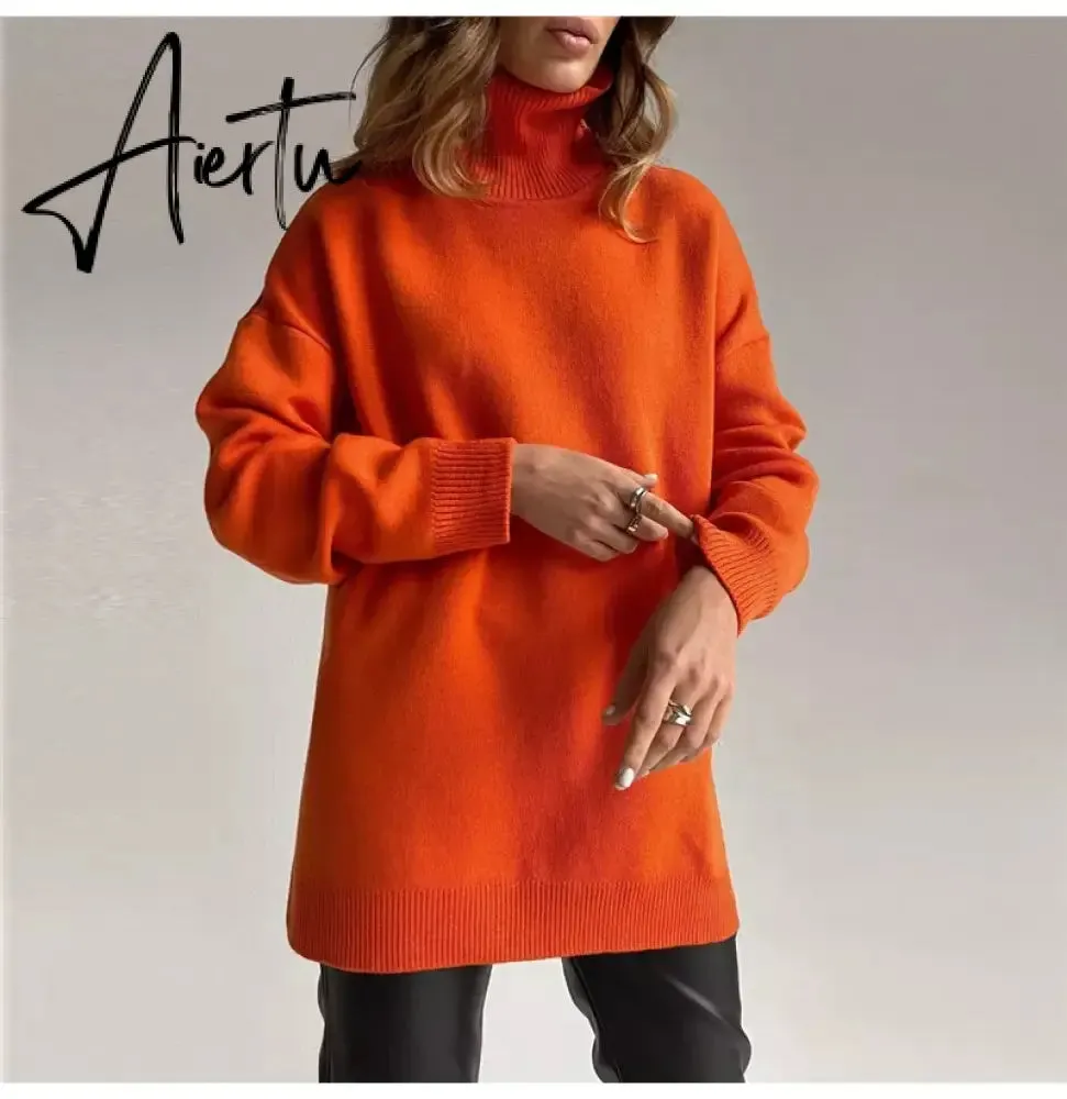 Autumn Winter Women's Sweaters Turtleneck Women Pulovers Side Split Knitted Jumpers Christmas Sweater Oversize Pull For Women