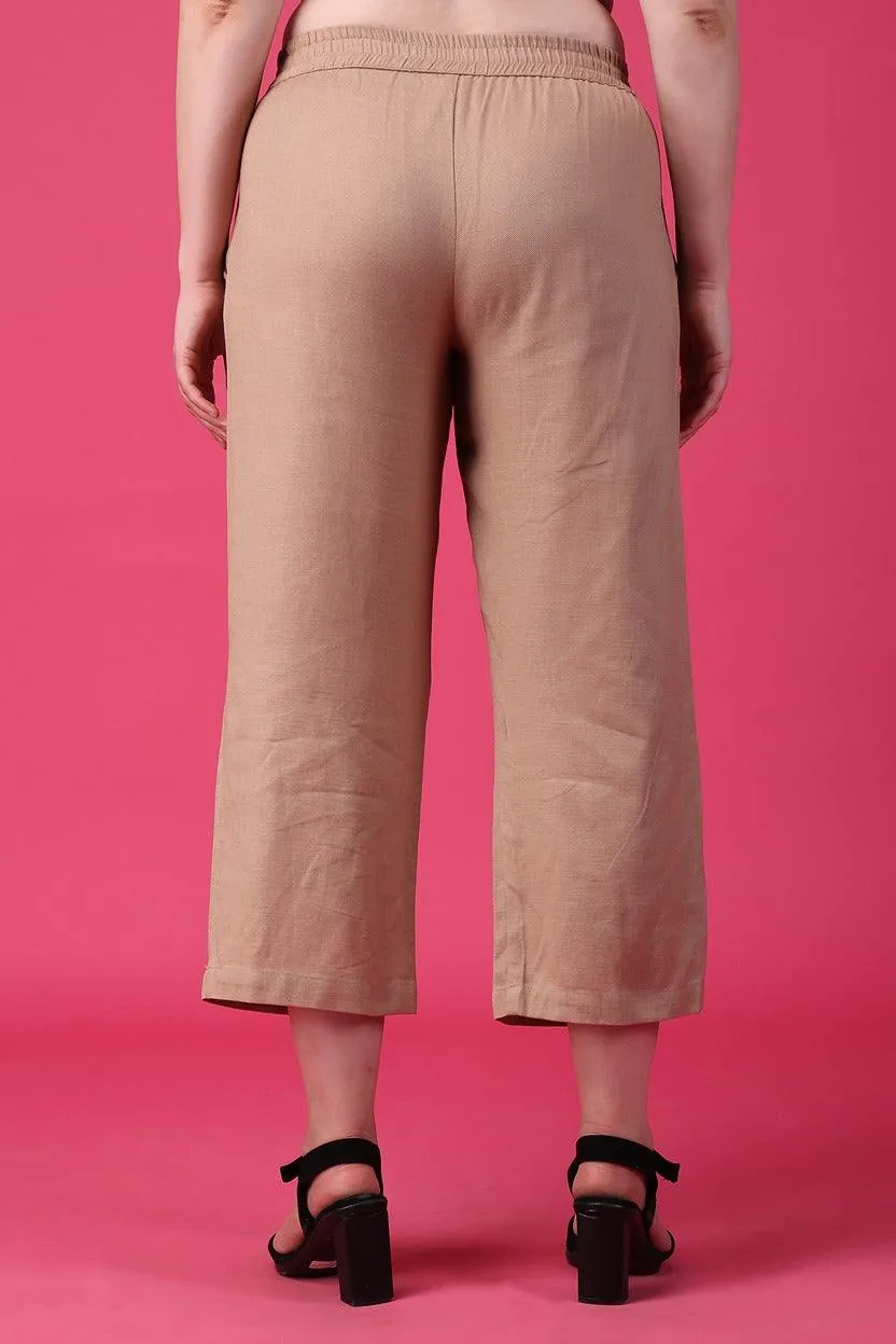 Beige Solid Woven Pants