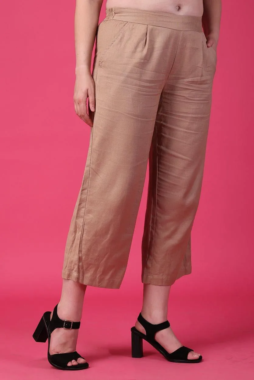 Beige Solid Woven Pants