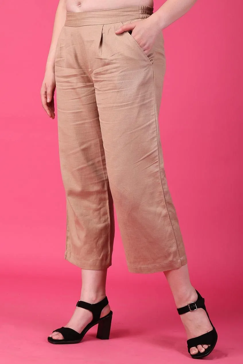 Beige Solid Woven Pants