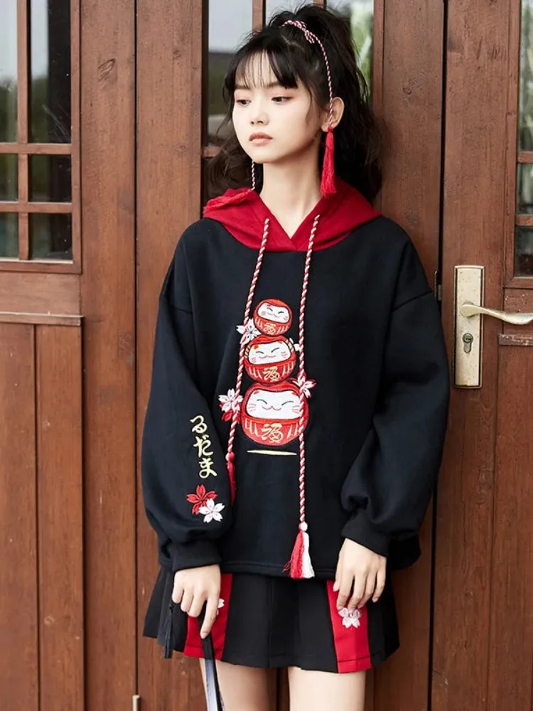 Black Fleece Hooded Sweatshirt Harajuku Chinese Embroidery Oversize Pullover Hoodies Women Winter Sweet Style Female Top