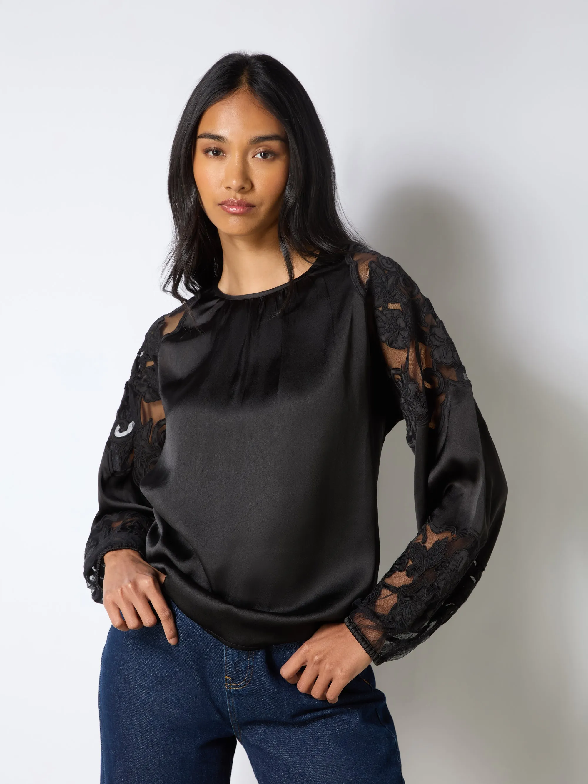 Black Satin Lace Insert Blouse