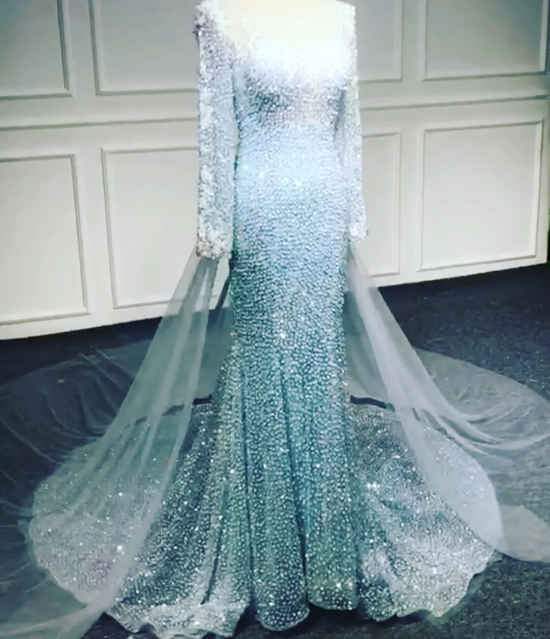 Blue sequins beaded couture mermaid fit and flare cape prom dress 2020