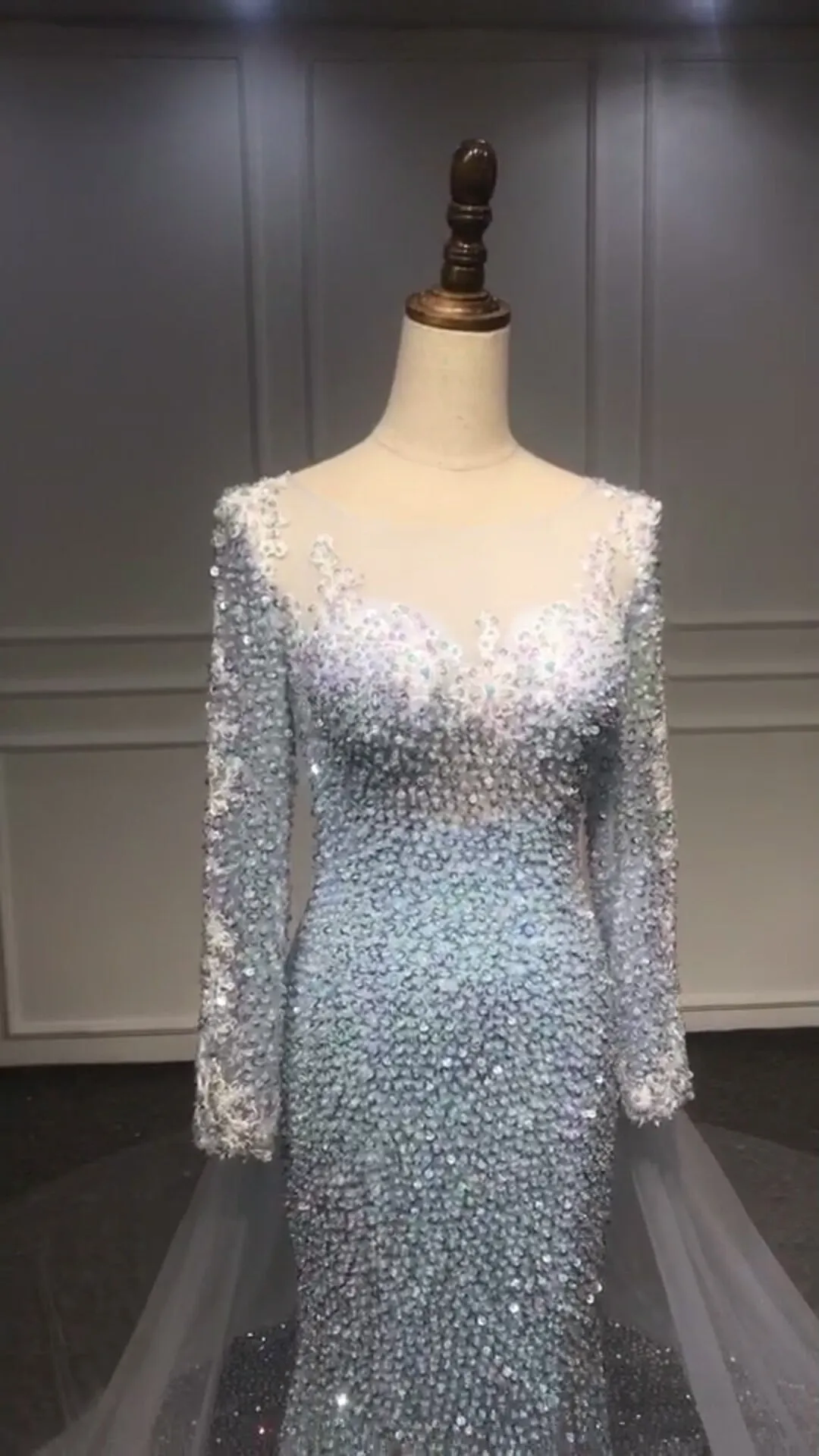 Blue sequins beaded couture mermaid fit and flare cape prom dress 2020