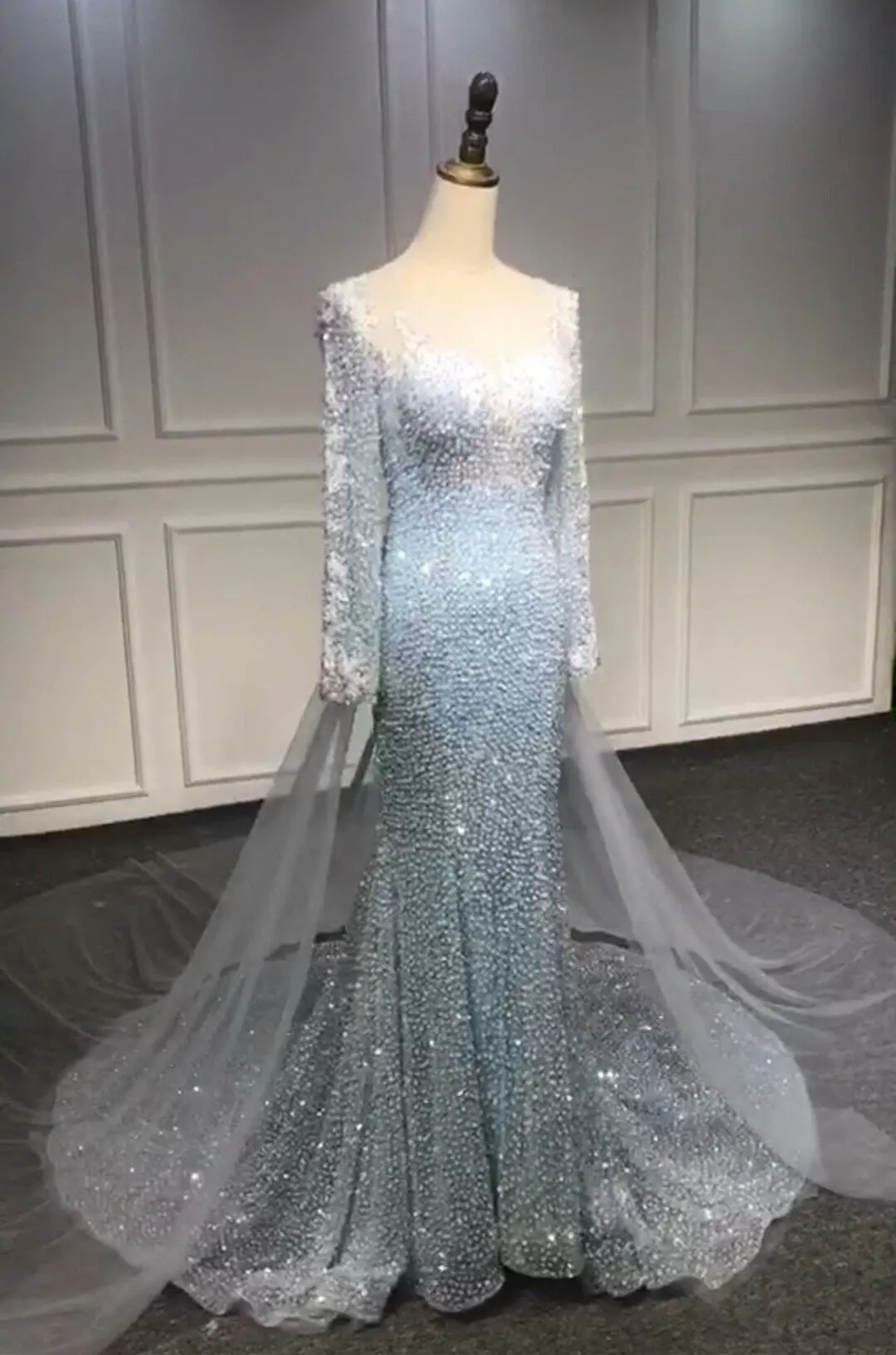 Blue sequins beaded couture mermaid fit and flare cape prom dress 2020