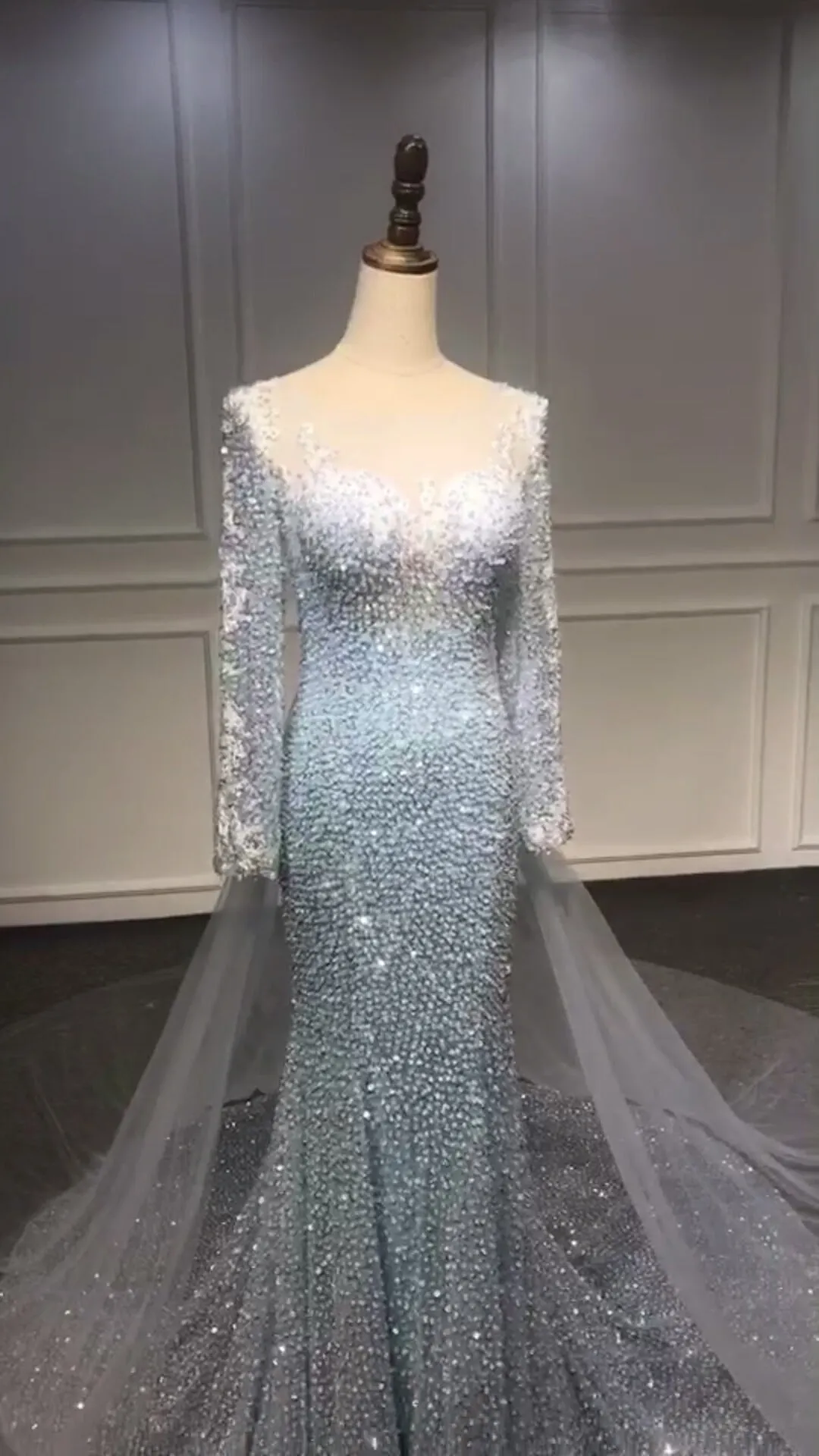 Blue sequins beaded couture mermaid fit and flare cape prom dress 2020