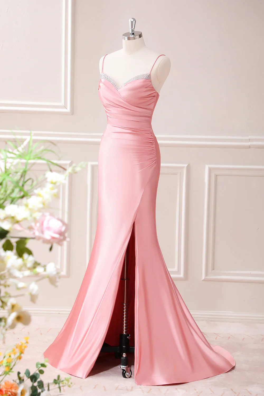 Blush Mermaid Spaghetti Straps Satin Maxi Dress with Slit