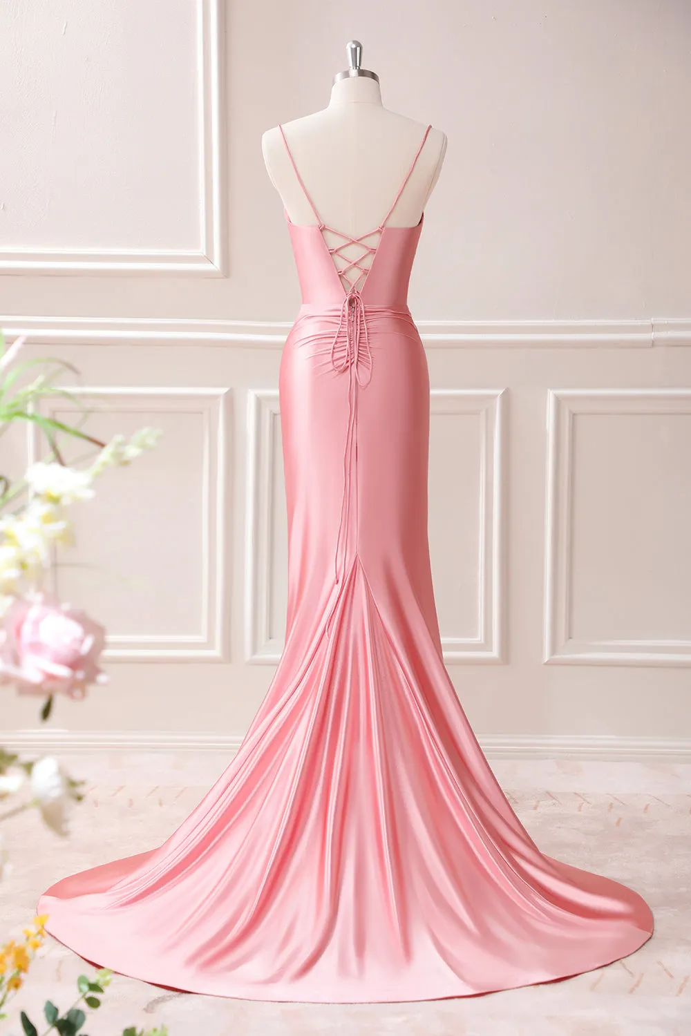 Blush Mermaid Spaghetti Straps Satin Maxi Dress with Slit