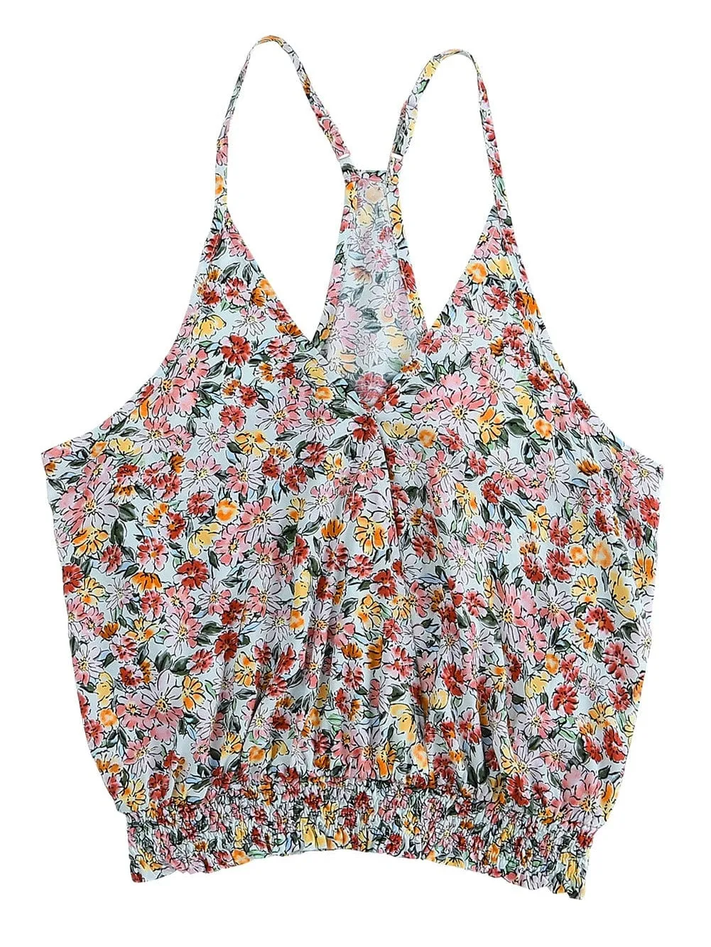 Bohemian Ditsy Floral V Neck Crop Top with Elastic Cincher