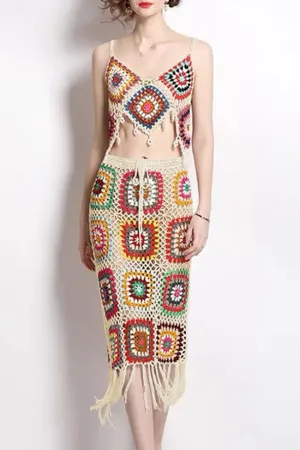 Boho Chic Fringe Granny Square Crochet Knit Two Piece Midi Dress - Apricot