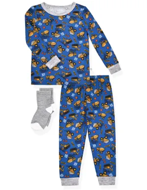 Boys 2-Piece Super Soft Jersey Snug-Fit Pajama Set with Socks - Construction Trucks.