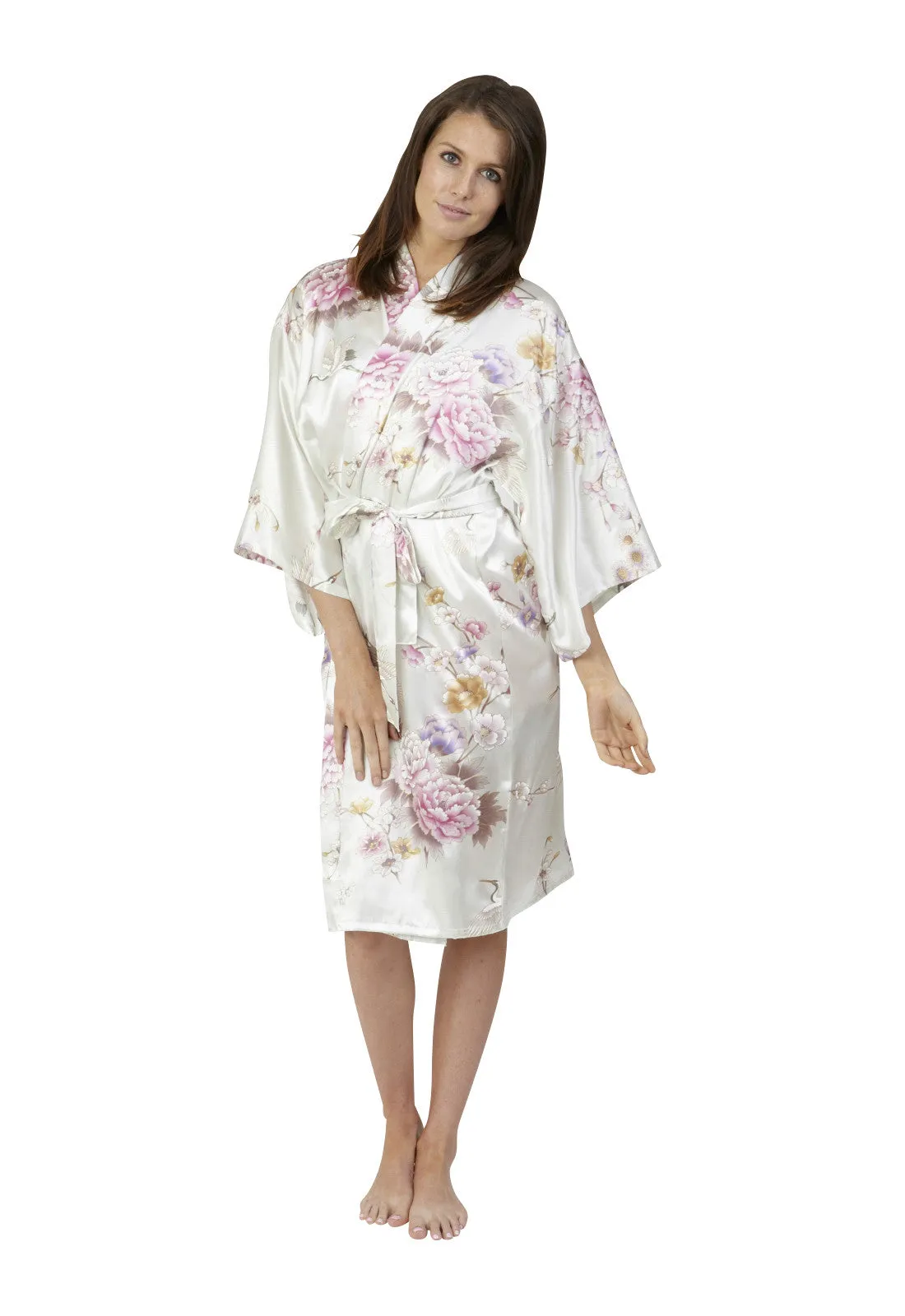 Bridal Kimono Crane & Peony Short Silk Robe