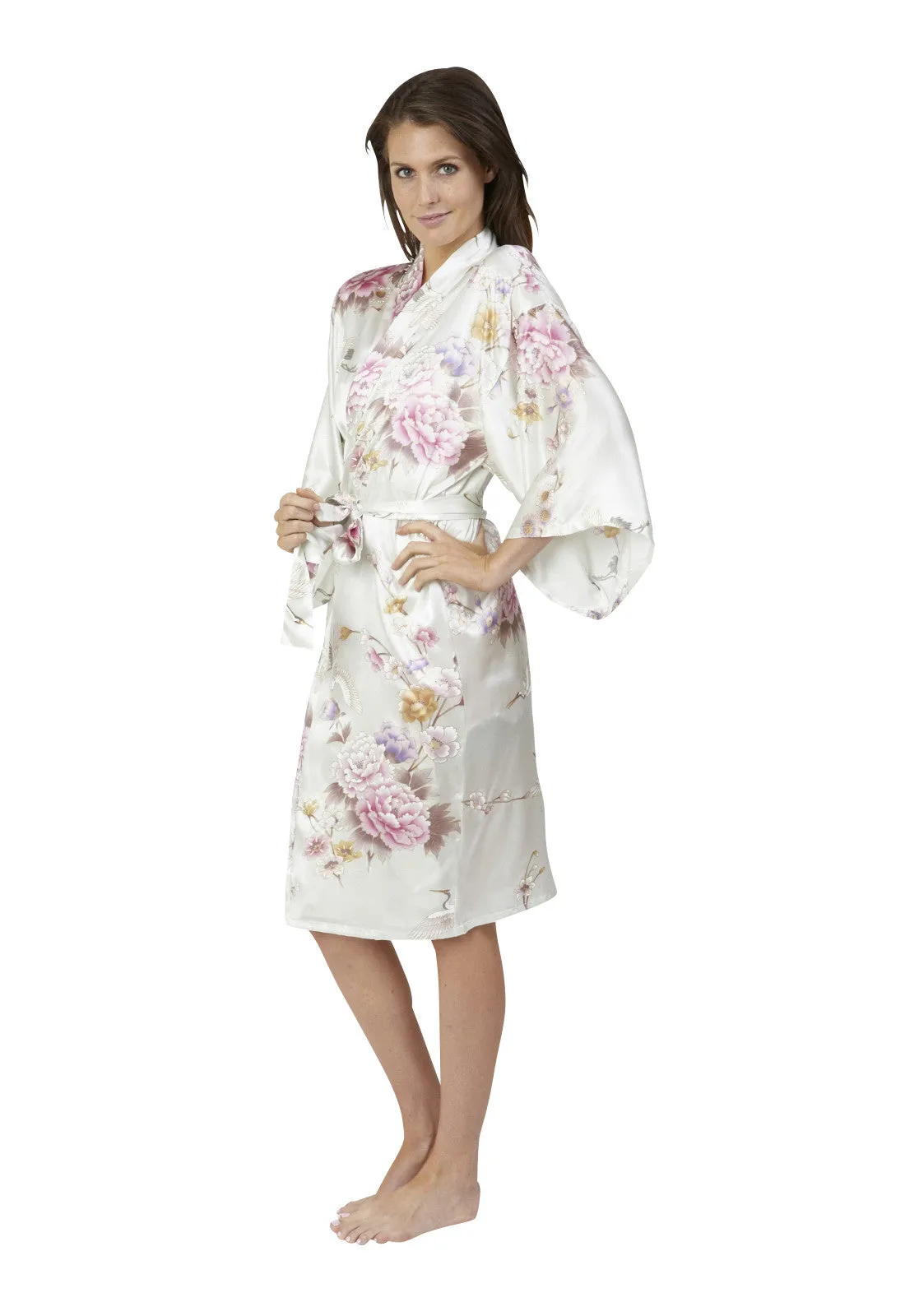 Bridal Kimono Crane & Peony Short Silk Robe