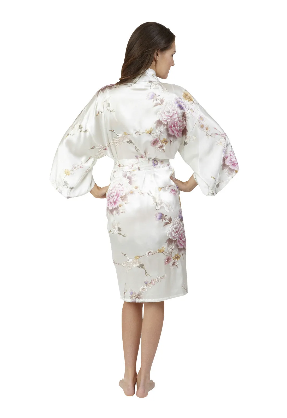 Bridal Kimono Crane & Peony Short Silk Robe