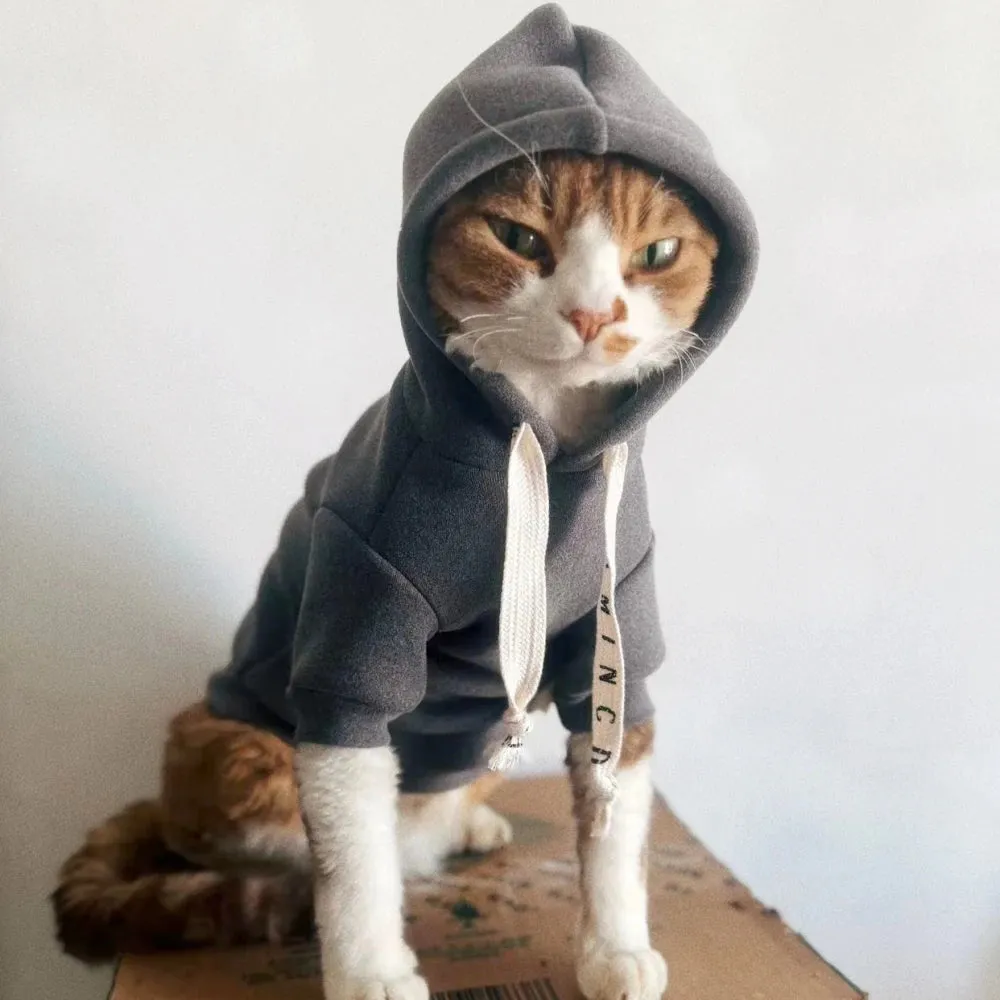 Cat Clothes Winter Warm Fleece Hooded Sweatshirt | Thick Cartoon Costume for Sphynx & Kittens | Soft Grey Coat for Female Cats & Small Dogs