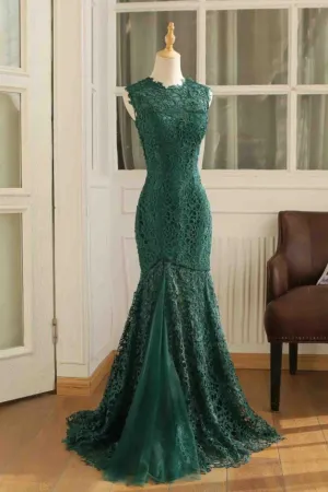 Charming Dark Green Lace Mermaid Straps Prom Dresses, Long Evening Dresses