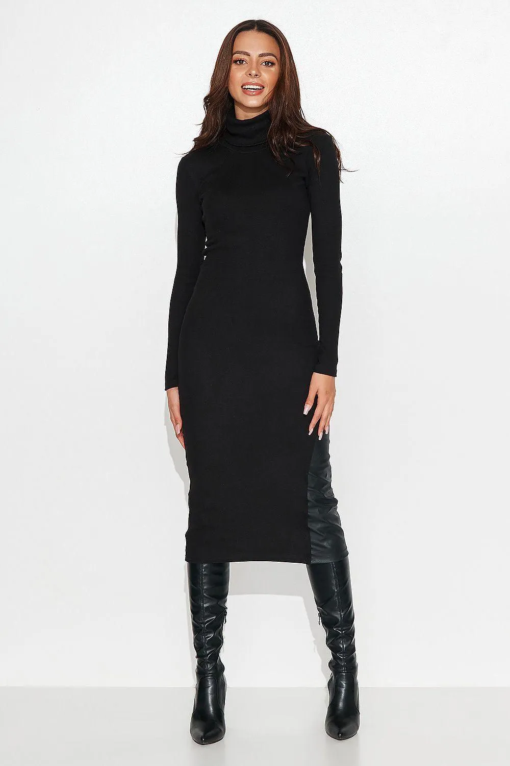 Chic Black Ribbed Knit Dress with Faux Leather Touch