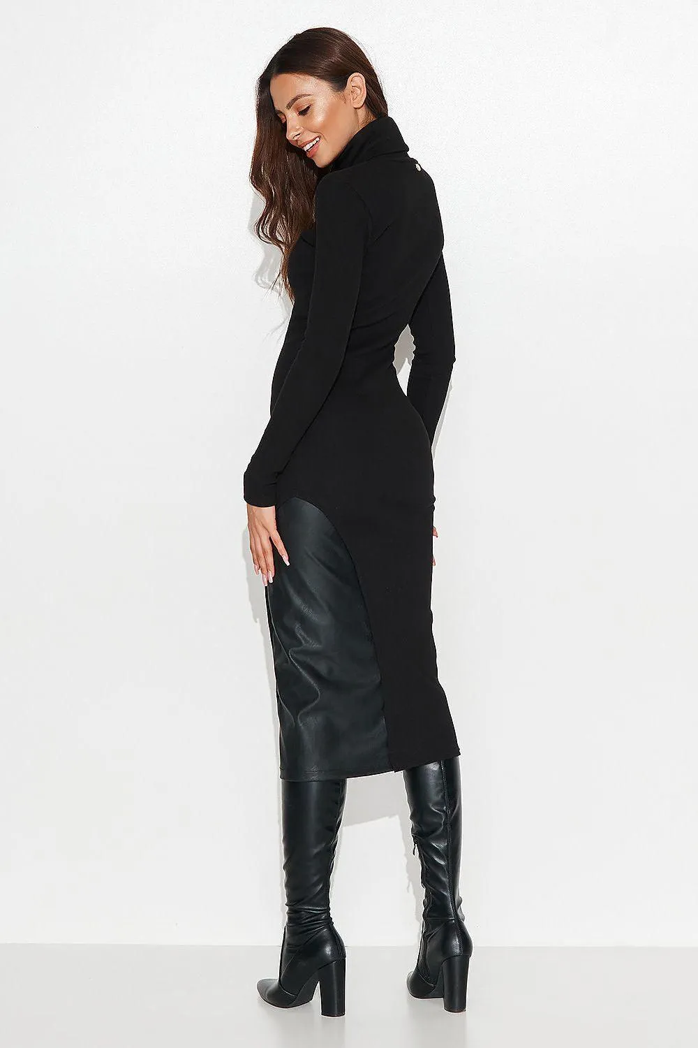 Chic Black Ribbed Knit Dress with Faux Leather Touch