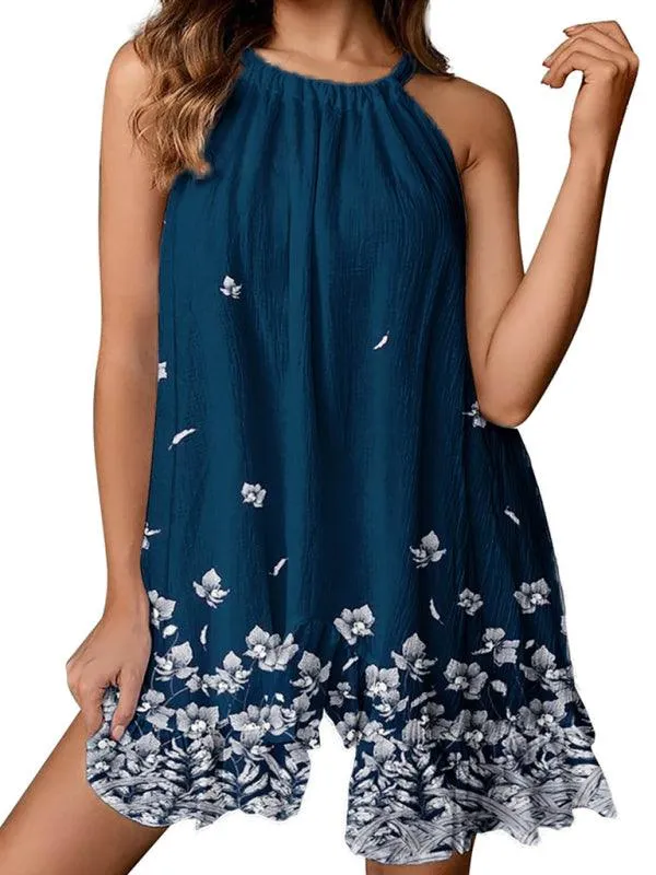 Chic Floral Halter Neck Maxi Dress with Ruffle Sleeves