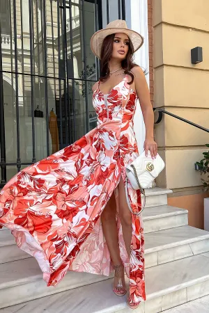 Chic Floral Satin Maxi Dress with Dramatic Leg Slit