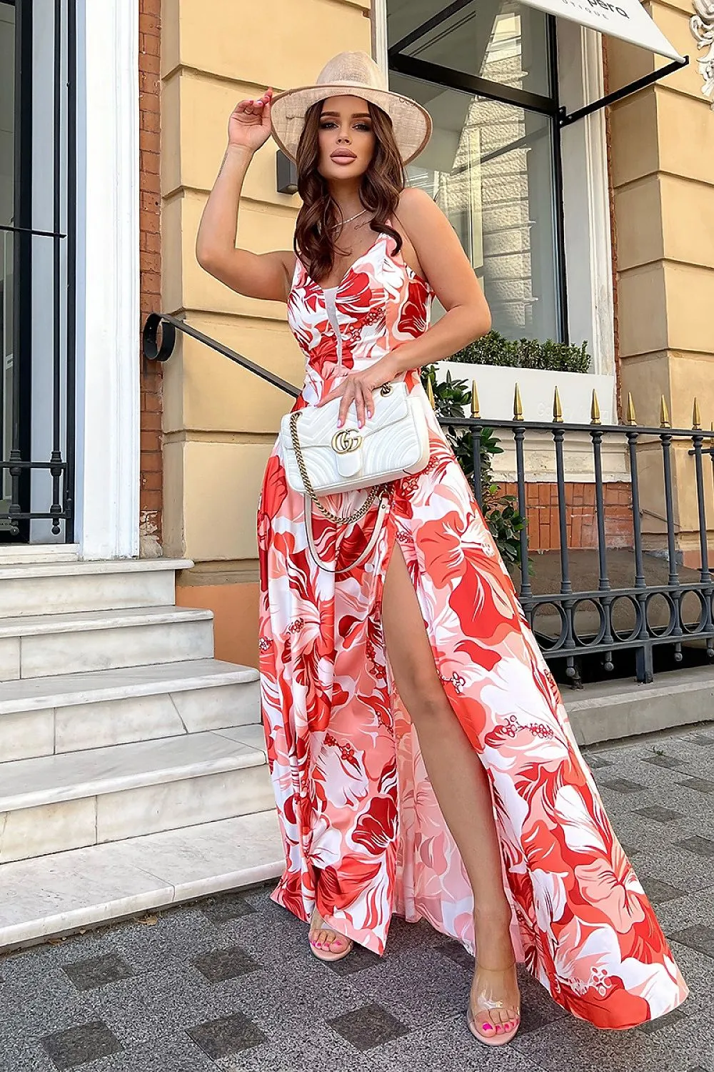 Chic Floral Satin Maxi Dress with Dramatic Leg Slit