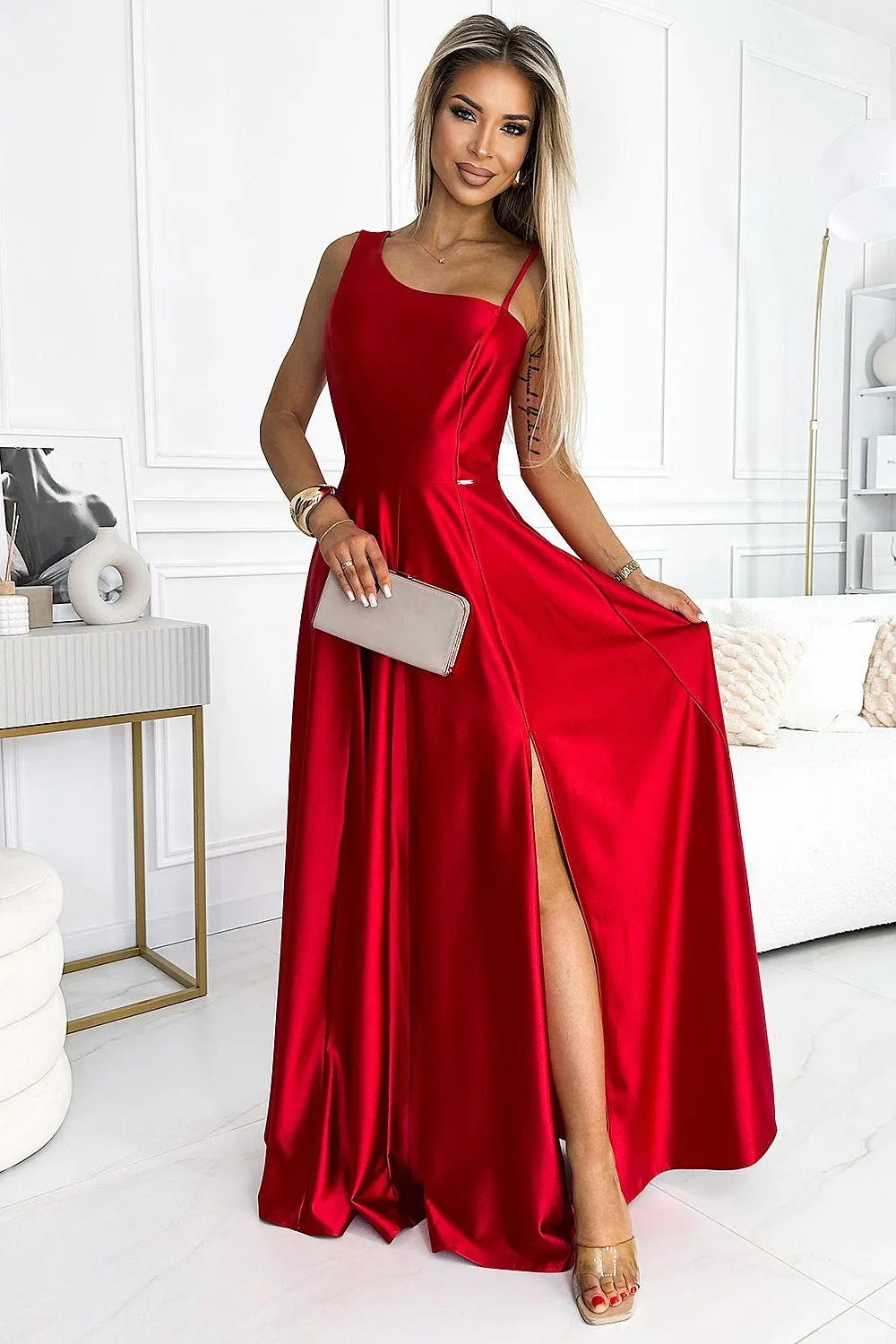 Chic One-Shoulder Red Satin Evening Gown by Numoco