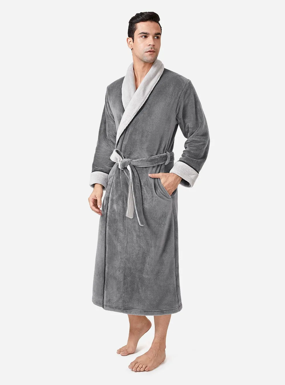 Coral Fleece Plush Robe Shawl Collar Full Length Warm Robe