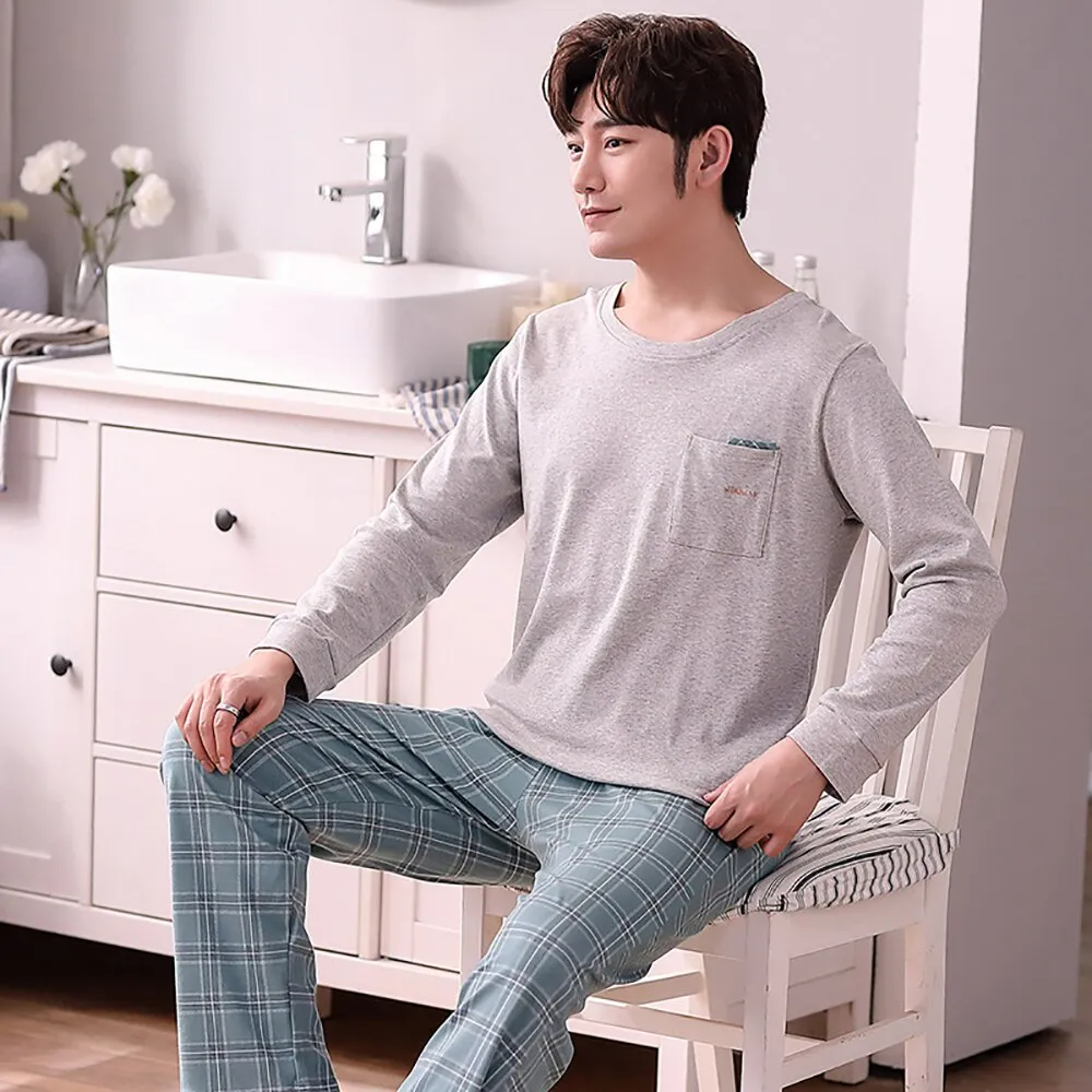 Cotton Men's Pajama Casual Long Sleeve Sleepwear Soft  for Men