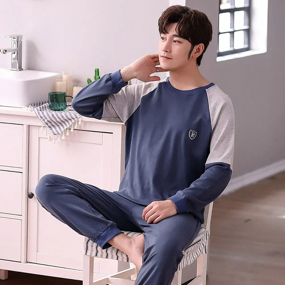 Cotton Men's Pajama Casual Long Sleeve Sleepwear Soft  for Men