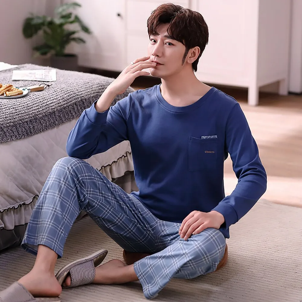 Cotton Men's Pajama Casual Long Sleeve Sleepwear Soft  for Men