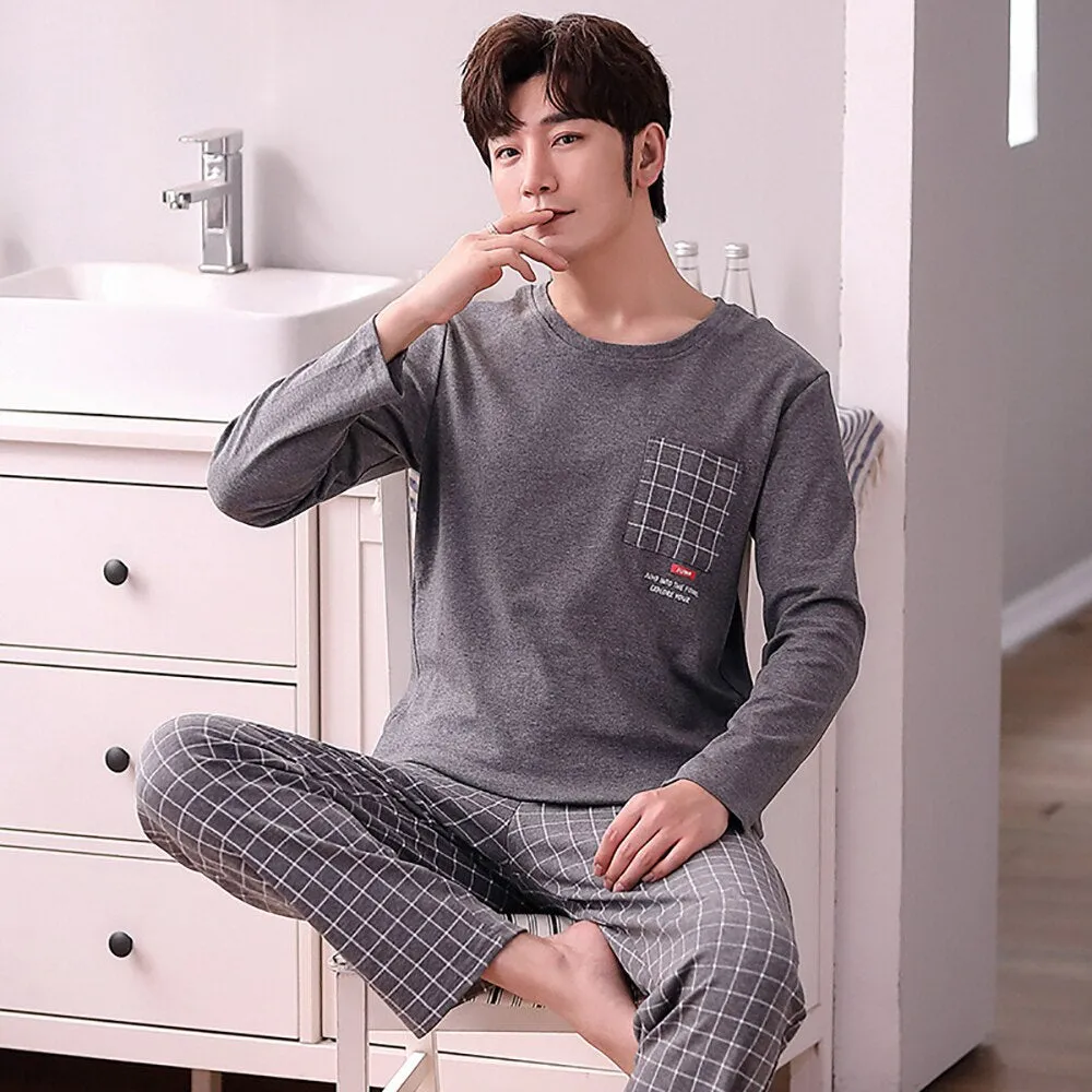 Cotton Men's Pajama Casual Long Sleeve Sleepwear Soft  for Men