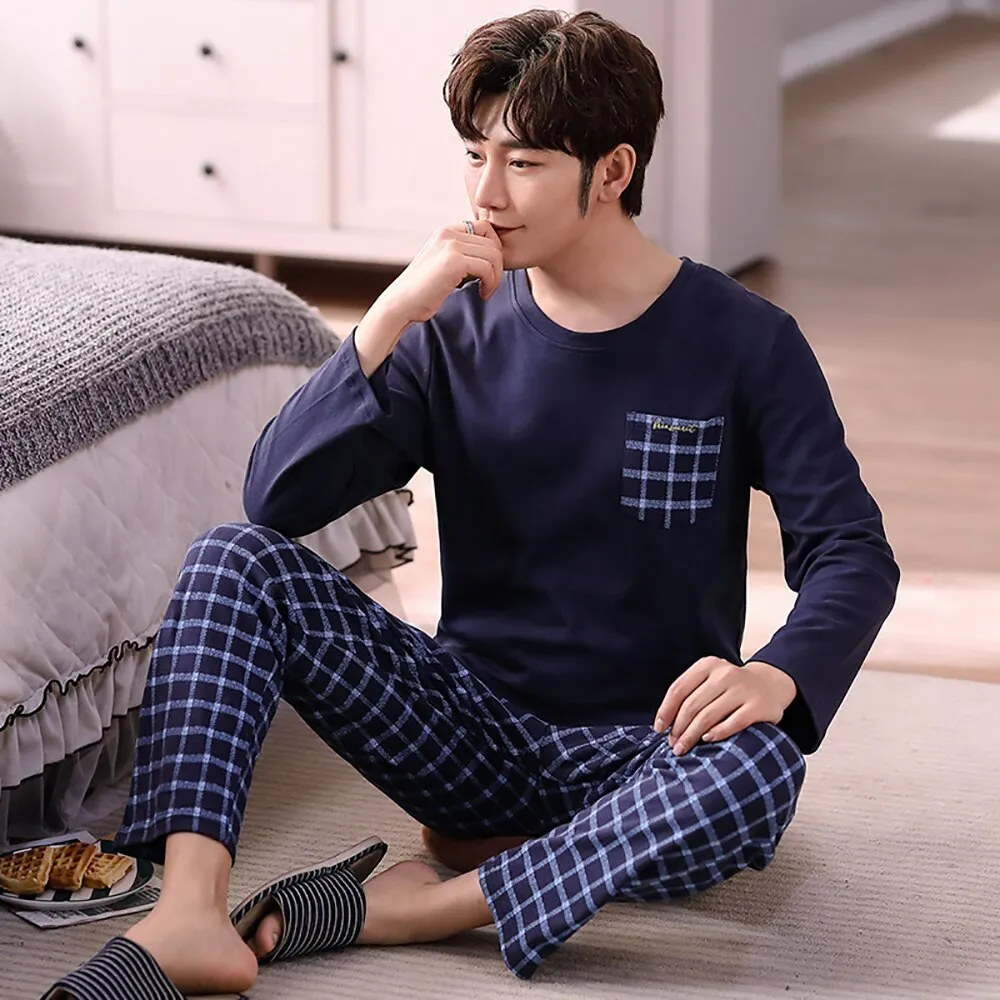 Cotton Men's Pajama Casual Long Sleeve Sleepwear Soft  for Men