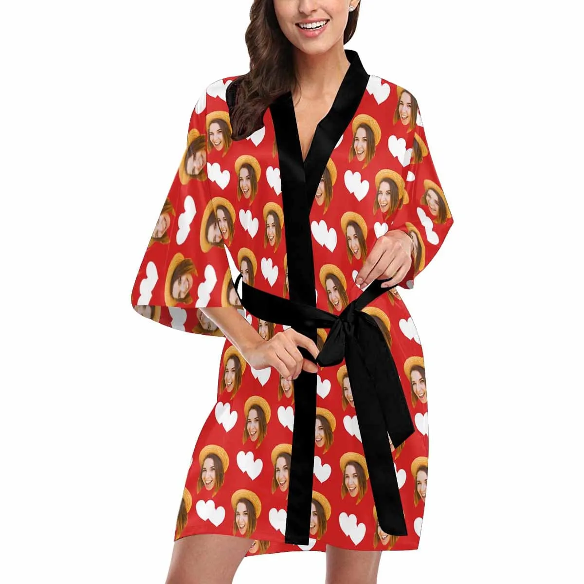 Custom Face Love Heart Red Women's Summer Short Pajamas Personalized Photo Pajamas Kimono Robe