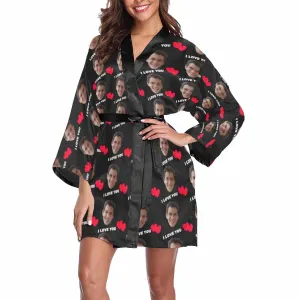 Custom Husband Face I Love You Black Women's Summer Short Pajamas Funny Personalized Photo Pajamas Kimono Robe