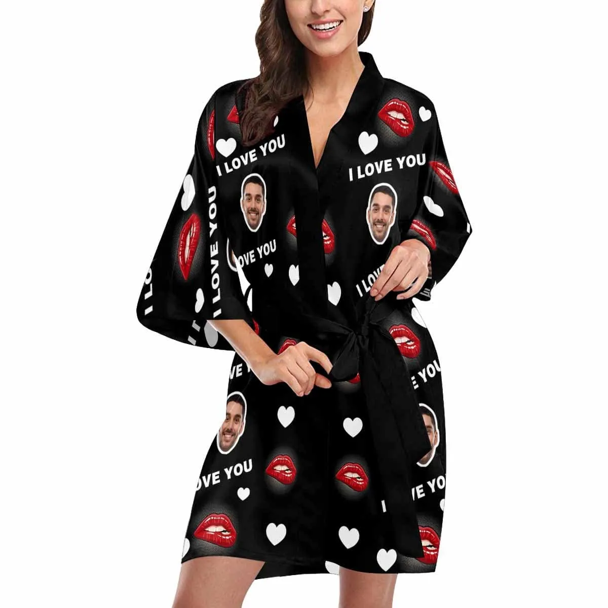 Custom Husband Face Red Lip Women's Summer Short Pajamas Funny Personalized Photo Pajamas Kimono Robe