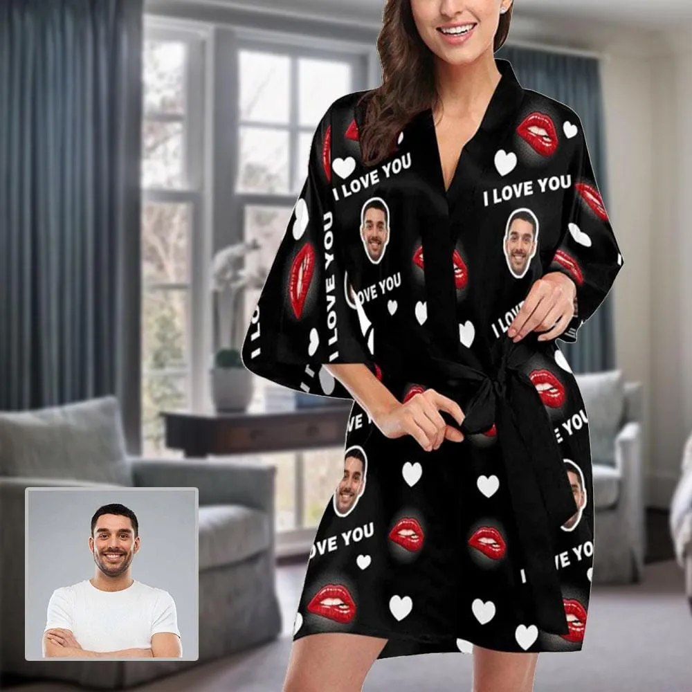 Custom Husband Face Red Lip Women's Summer Short Pajamas Funny Personalized Photo Pajamas Kimono Robe