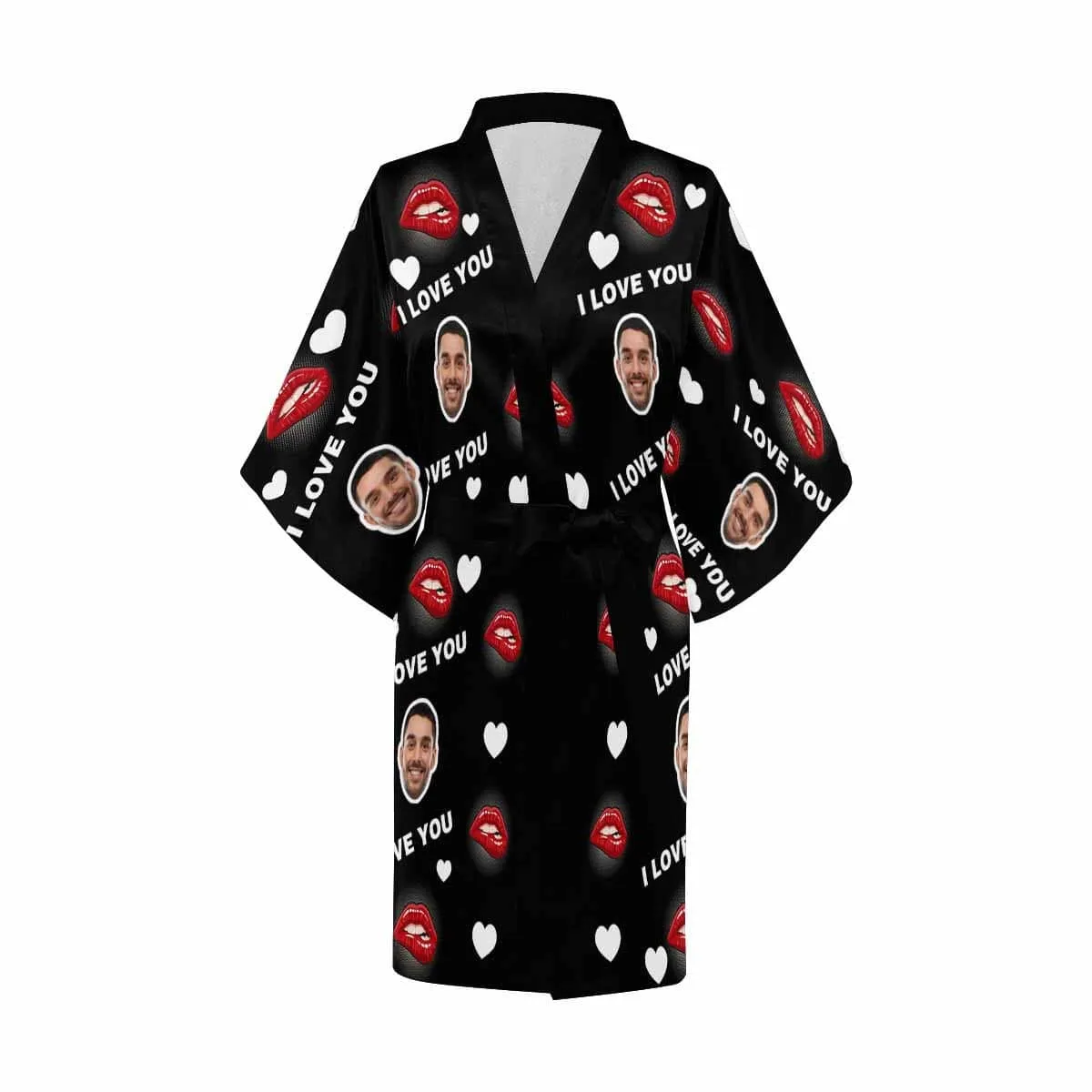 Custom Husband Face Red Lip Women's Summer Short Pajamas Funny Personalized Photo Pajamas Kimono Robe