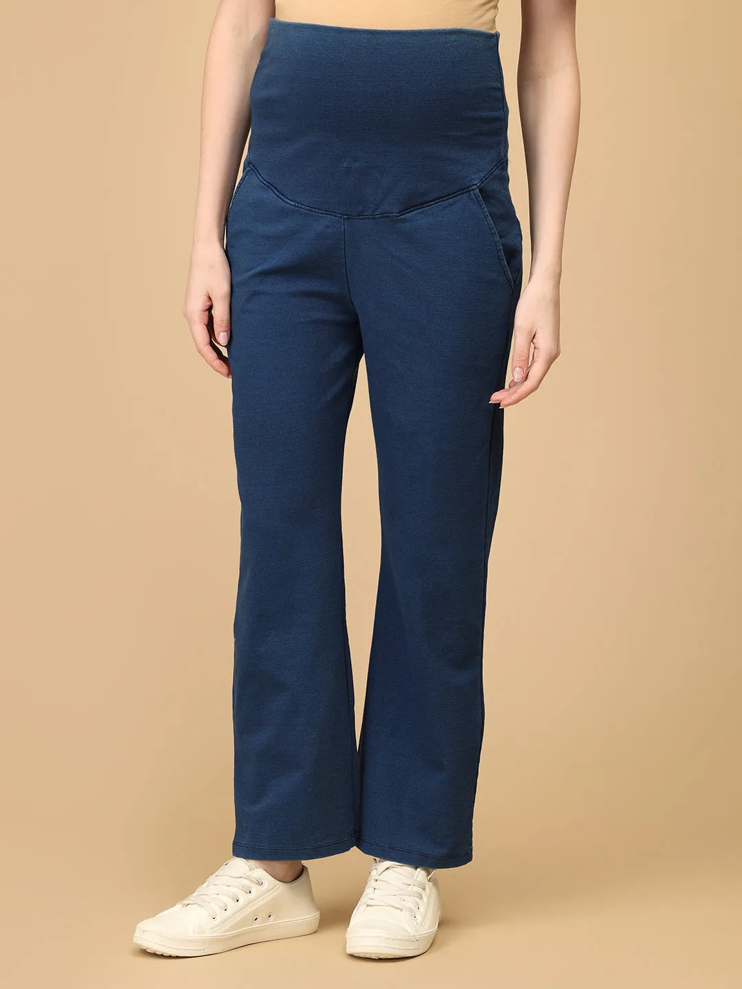 Dark Blue Maternity Knit Denims With Belly Support- Dark Wash