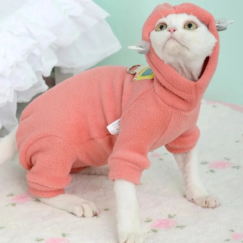 Fleece 4-Legged Soft Sweater for Sphynx Cats | Winter Thick Warm Hooded Red & Green Sweatshirt | Devon Rex Coat for Autumn