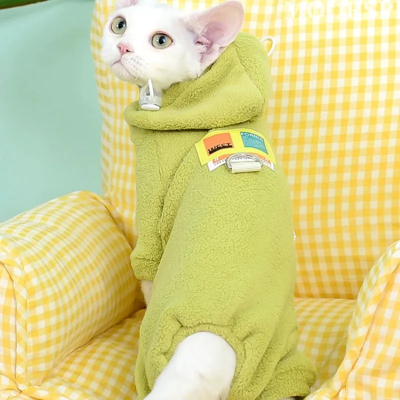 Fleece 4-Legged Soft Sweater for Sphynx Cats | Winter Thick Warm Hooded Red & Green Sweatshirt | Devon Rex Coat for Autumn