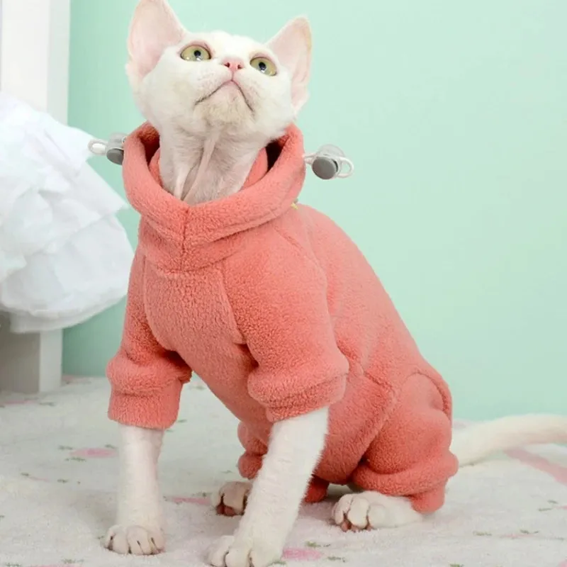 Fleece 4-Legged Soft Sweater for Sphynx Cats | Winter Thick Warm Hooded Red & Green Sweatshirt | Devon Rex Coat for Autumn