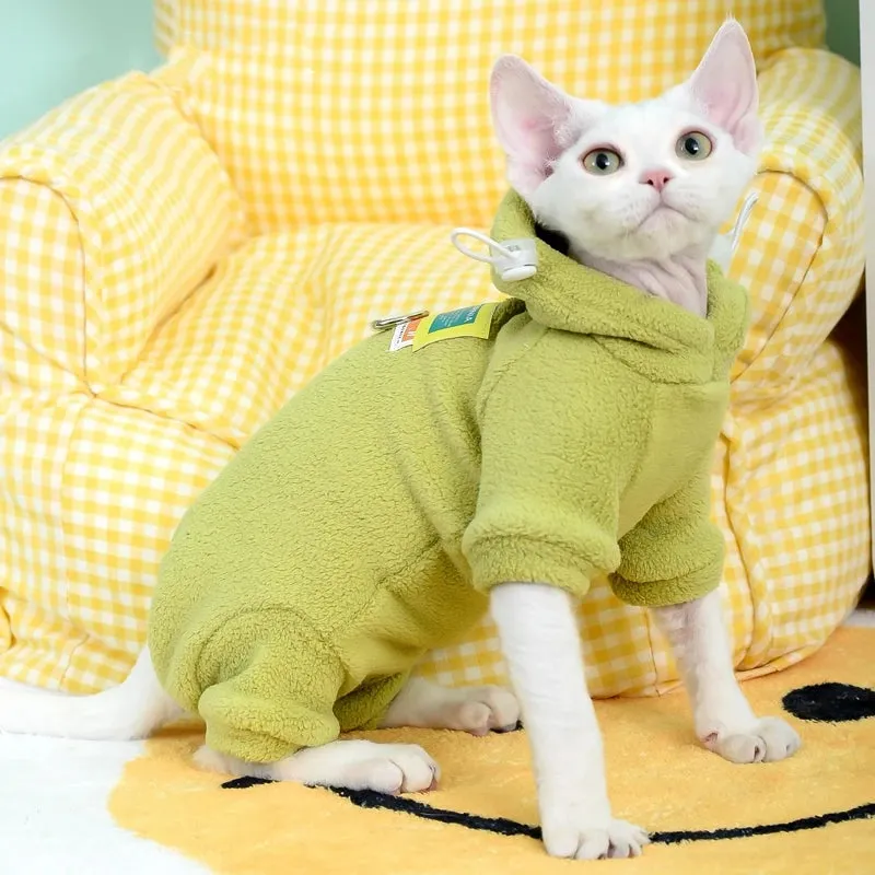 Fleece 4-Legged Soft Sweater for Sphynx Cats | Winter Thick Warm Hooded Red & Green Sweatshirt | Devon Rex Coat for Autumn