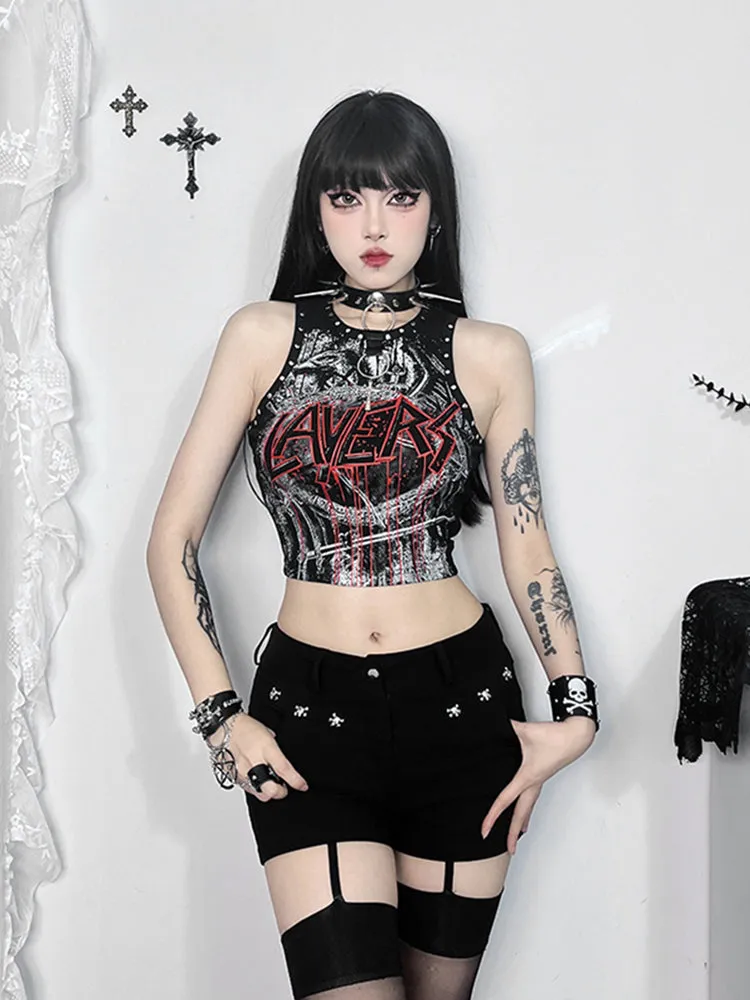 Gothic Print Crop Rivet Graphic Retro Top